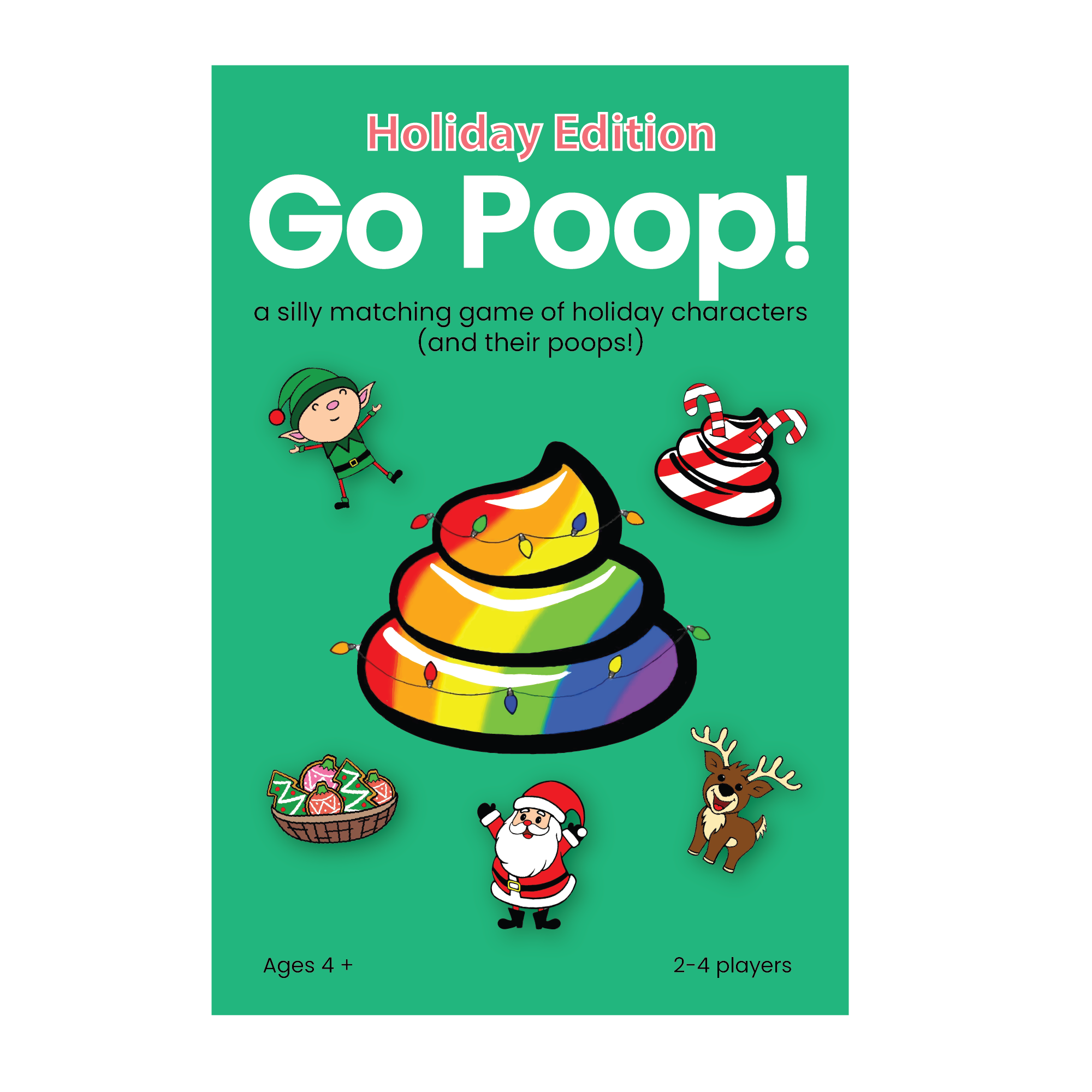Game box for 'Go Poop!' with holiday-themed illustrations on a green background